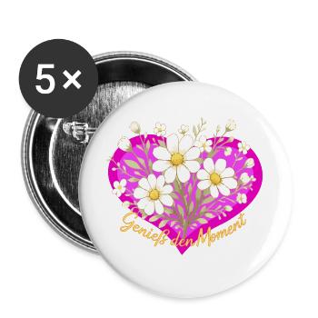 Genieß den Moment Blütenherz - Buttons groß 56 mm (5er Pack) - Weiß - Vorne
