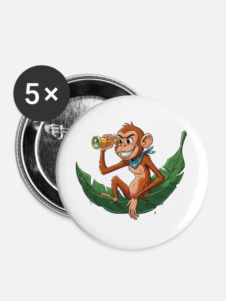 Abenteueraffe mit Fernrohr - Buttons groß 56 mm (5er Pack) - Weiß