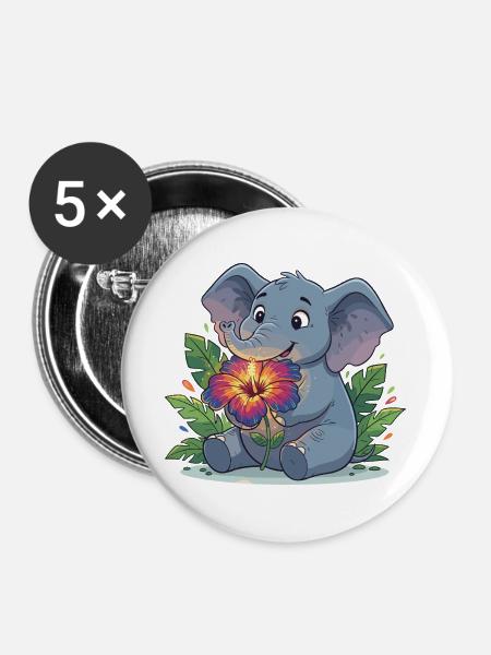 Elefant mit Hibiskusblüte - Buttons groß 56 mm (5er Pack) - Weiß