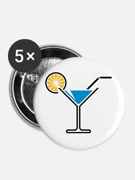 Cocktail / Cocktailglas / Martini + (Hellblau) - Buttons groß 56 mm (5er Pack) - Weiß