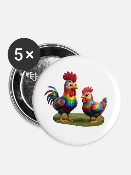 Hahn mit Henne - Buttons groß 56 mm (5er Pack) - Weiß
