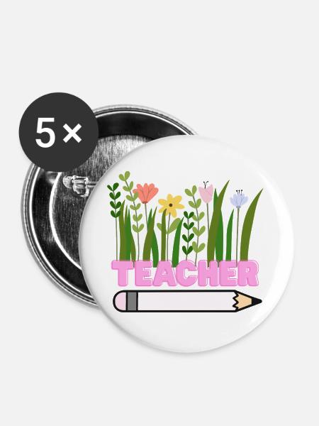 Lehrerblumen mit Bleistift - Buttons groß 56 mm (5er Pack) - Weiß