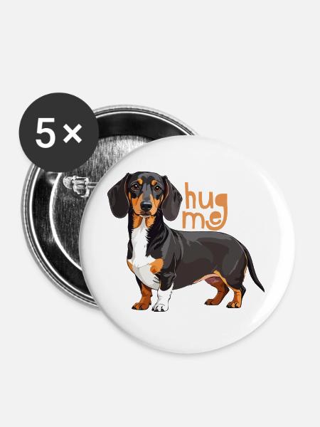 Knuddel-Dackel mit hug me Schrift - Buttons groß 56 mm (5er Pack) - Weiß