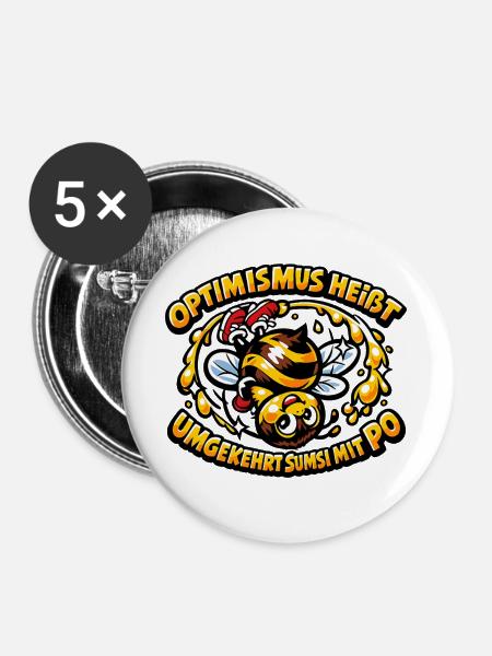 Optimismus-Biene mit Honigträumen - Buttons groß 56 mm (5er Pack) - Weiß