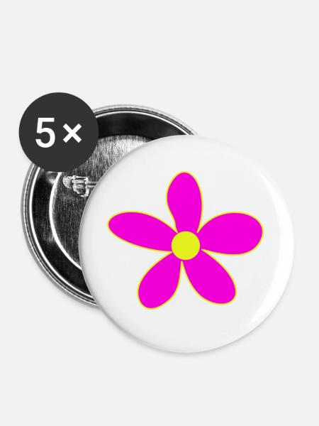 Neonpink Blütenzauber Gelbe Mitte - Buttons groß 56 mm (5er Pack) - Weiß