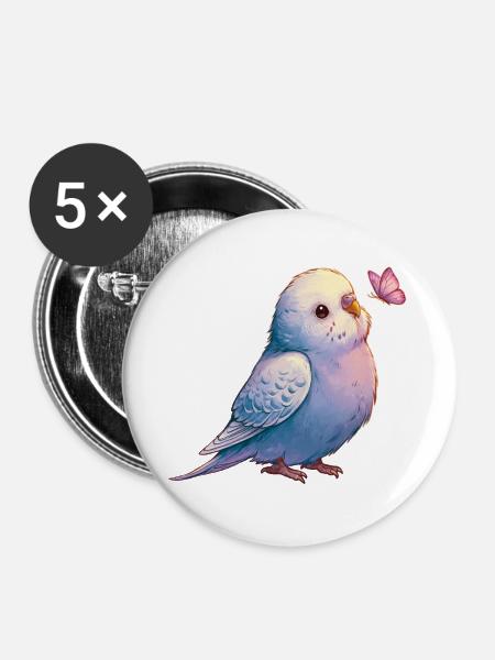 Wellensittich mit Schmetterling - Buttons groß 56 mm (5er Pack) - Weiß