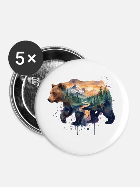 Wandern – Outdoor-Abenteuer – Landschaftsbär - Buttons groß 56 mm (5er Pack) - Weiß