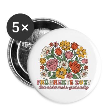 Frührente 2027 Nicht mehr zuständig Retro Blumen - Buttons groß 56 mm (5er Pack) - Weiß - Vorne