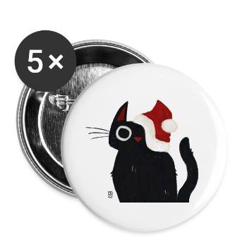 Black Cat with Santa Hat - Buttons large 2.2''/56 mm (5-pack) - white - Front