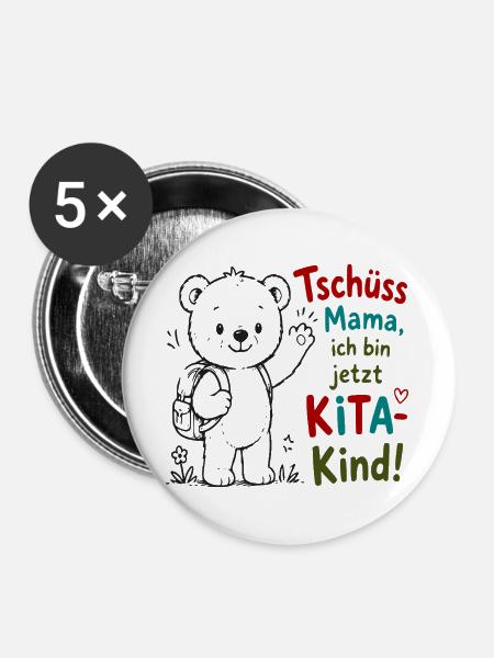 Kita Abschiedsbär mit Gruß - Buttons groß 56 mm (5er Pack) - Weiß