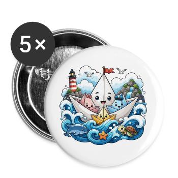 Papierboot Meeresabenteuer - Buttons groß 56 mm (5er Pack) - Weiß - Vorne