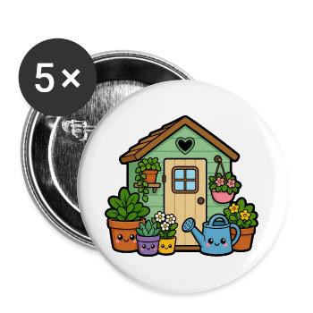 Kleines Gartenhäuschen mit Pflanzen - Buttons groß 56 mm (5er Pack) - Weiß - Vorne