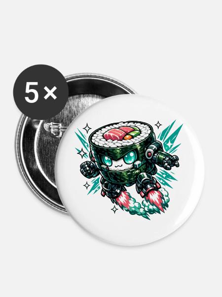 Sushi Mecha Roboter - Buttons groß 56 mm (5er Pack) - Weiß
