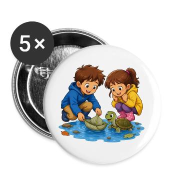 Kinder Schildkröte Blattboot in Pfütze Süß Motiv - Buttons groß 56 mm (5er Pack) - Weiß - Vorne
