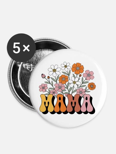 Mama Retro Blumen Groovy - Buttons groß 56 mm (5er Pack) - Weiß