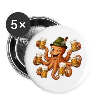 Lustige Krake mit Bierkrügen - Buttons groß 56 mm (5er Pack) - Weiß - Vorne