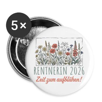 Rentnerin 2026 Wildblumen Zeit zum aufblühen - Buttons groß 56 mm (5er Pack) - Weiß - Vorne