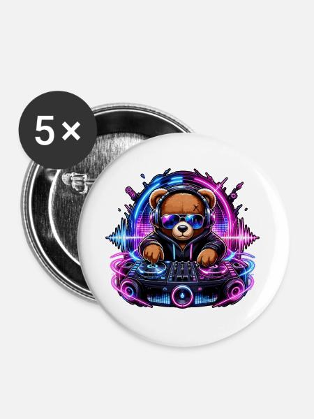 Teddybär DJ Neonbeat - Buttons groß 56 mm (5er Pack) - Weiß
