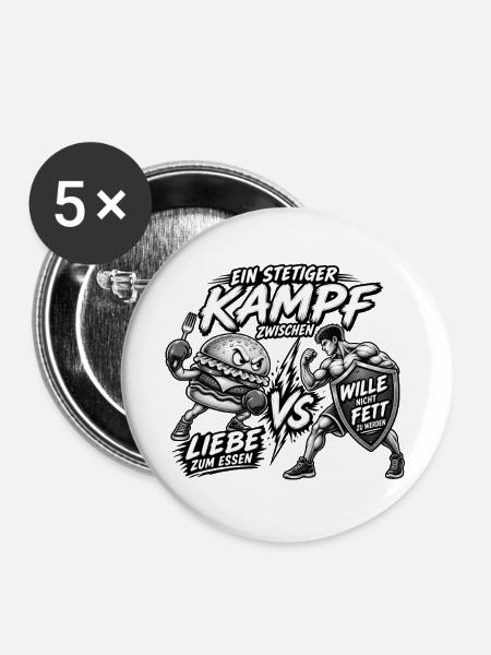 Liebe zum Essen vs nicht fett werden - Buttons groß 56 mm (5er Pack) - Weiß