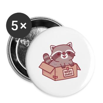 Adoptiere Chaos Lustige, süße Waschbär in Pappkarton - Buttons groß 56 mm (5er Pack) - Weiß - Vorne