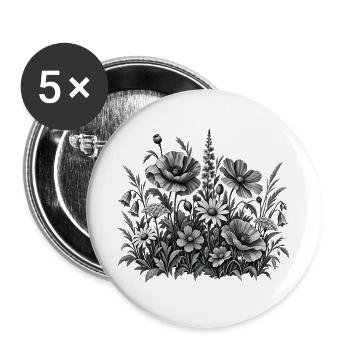 Wildblumen Blumenwiese in Schwarz Weiß - Buttons groß 56 mm (5er Pack) - Weiß - Vorne
