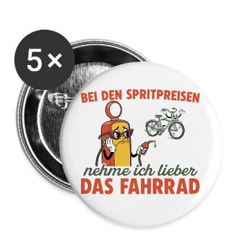 Radfahren bei den Spritpreisen Fahrrad - Buttons groß 56 mm (5er Pack) - Weiß - Vorne