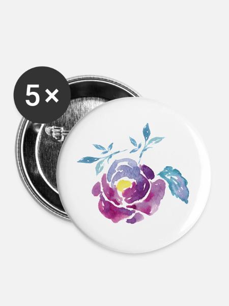 Wasserfarbene Rosenblüte - Buttons groß 56 mm (5er Pack) - Weiß