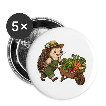 Igel-Gärtner mit Gemüseschubkarre - Buttons groß 56 mm (5er Pack) - Weiß - Vorne