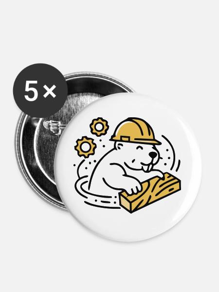 Biber Bauhelm Holz Grafik - Buttons groß 56 mm (5er Pack) - Weiß