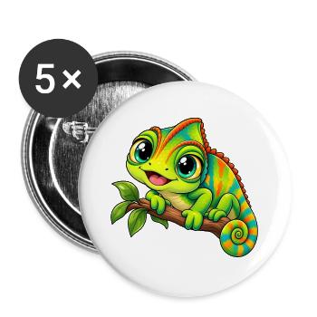 Chamäleon Kawaii Style – Süßes Reptil - Buttons groß 56 mm (5er Pack) - Weiß - Vorne