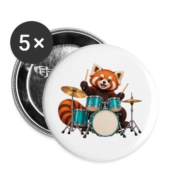 Schlagzeug mit rotem Panda und türkisfarbenem Trommelset - Buttons groß 56 mm (5er Pack) - Weiß - Vorne