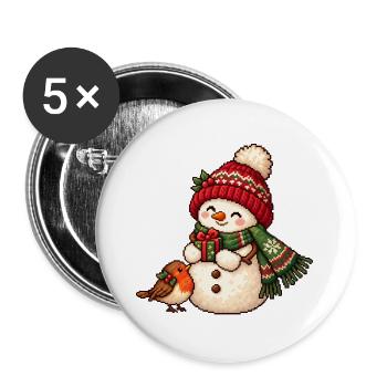Winterschneemann Pixelkunst mit Geschenk - Buttons groß 56 mm (5er Pack) - Weiß - Vorne