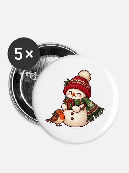 Winterschneemann Pixelkunst mit Geschenk - Buttons groß 56 mm (5er Pack) - Weiß