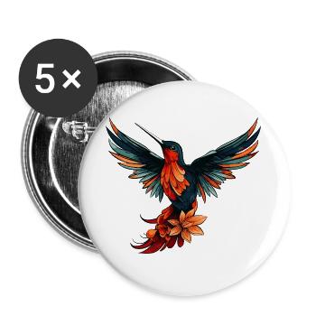 Kolibri Vogel Bunt mit Blumen - Buttons groß 56 mm (5er Pack) - Weiß - Vorne