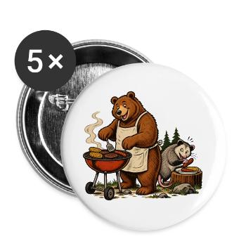 Bär & Opossum beim Grillen – Grillfreunde - Buttons groß 56 mm (5er Pack) - Weiß - Vorne