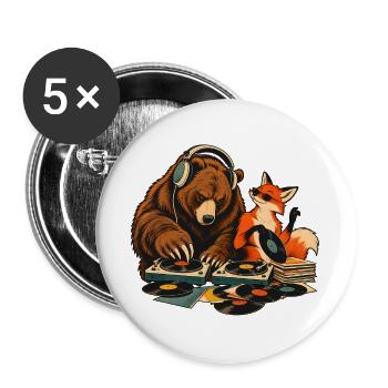 Bär & Fuchs als Vinyl DJs – Musikduo - Buttons groß 56 mm (5er Pack) - Weiß - Vorne