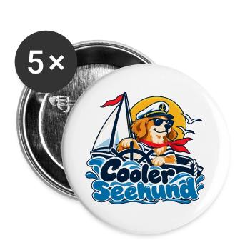 Cooler Seehund – Segelhund Kapitän - Buttons groß 56 mm (5er Pack) - Weiß - Vorne