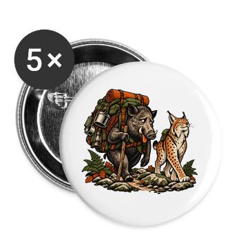 Wildschwein & Luchs beim Wandern – Outdoor - Buttons groß 56 mm (5er Pack) - Weiß - Vorne