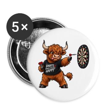 Highland Cattle beim Dart – Lustiges Schottlandmot - Buttons groß 56 mm (5er Pack) - Weiß - Vorne