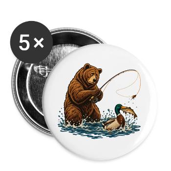 Bär & Ente beim Fliegenfischen – Outdoor - Buttons groß 56 mm (5er Pack) - Weiß - Vorne