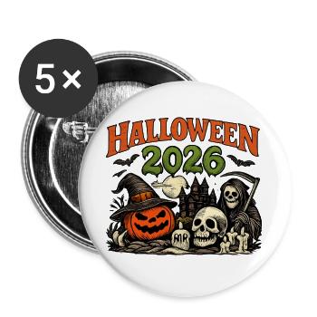 Halloween 2026 Kürbis und Skelette - Buttons groß 56 mm (5er Pack) - Weiß - Vorne