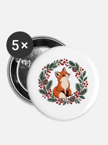 Fuchs im Winterkranz - Buttons groß 56 mm (5er Pack) - Weiß