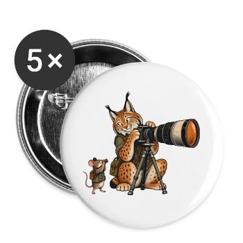 Luchs & Maus beim Fotografieren – Wald & Outdoor - Buttons groß 56 mm (5er Pack) - Weiß - Vorne