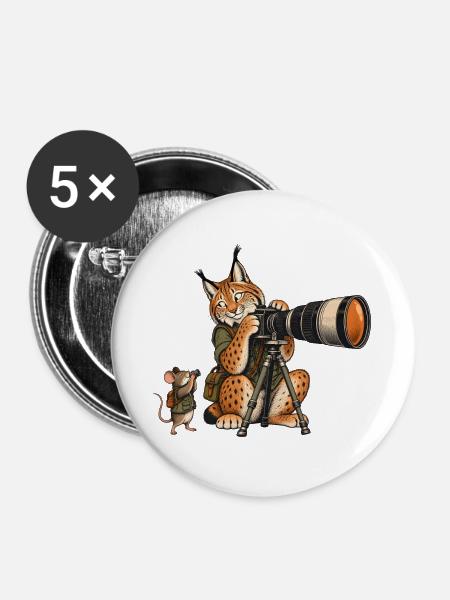 Luchs & Maus beim Fotografieren – Wald & Outdoor - Buttons groß 56 mm (5er Pack) - Weiß