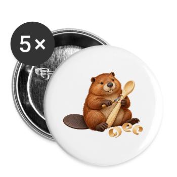 Biber schnitzt einen Holzlöffel - Buttons groß 56 mm (5er Pack) - Weiß - Vorne