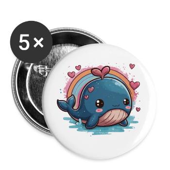 Kawaii Herzwal mit Regenbogen - Buttons groß 56 mm (5er Pack) - Weiß - Vorne