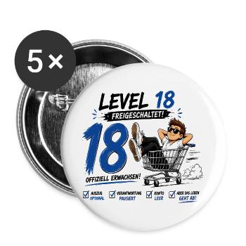 Level 18 Freigeschaltet 18 Geburtstag Volljährig - Buttons groß 56 mm (5er Pack) - Weiß - Vorne