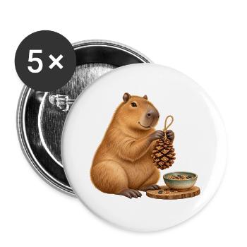 Capybara mit Zapfen-Futterspender - Buttons groß 56 mm (5er Pack) - Weiß - Vorne