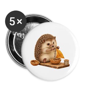 Igel mit Walnussschalen-Segelboot - Buttons groß 56 mm (5er Pack) - Weiß - Vorne