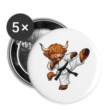 Highland Cattle beim Karate – Kuh mit Kampfgeist - Buttons groß 56 mm (5er Pack) - Weiß - Vorne